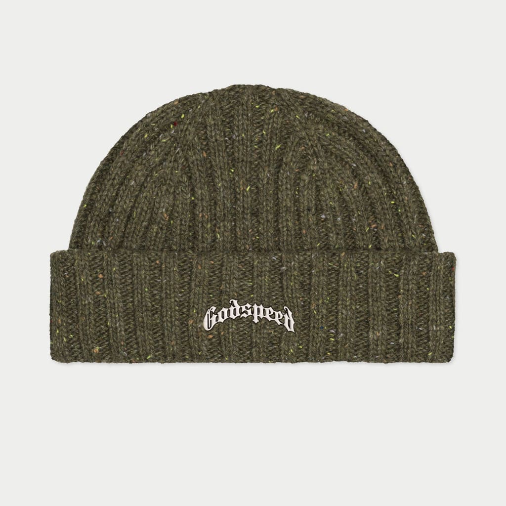 A stylish, comfortable olive green ribbed beanie with subtle multicolored speckles. The beanie features a white embroidered "Godspeed" logo on the cuff.