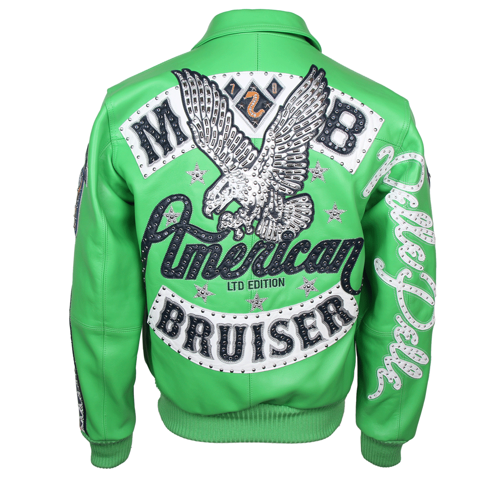 Back view of the green Pelle Pelle American Bruiser leather jacket. The back features a massive, intricate design including a central studded eagle with spread wings, the "MB" (Marc Buchanan) initials in large block letters, and "American Bruiser LTD Edition" in heavily embroidered script. The right sleeve displays a vertical studded "Pelle Pelle" logo.