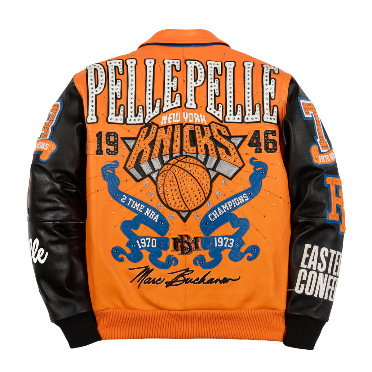 Back view of an orange and black Pelle Pelle leather jacket celebrating the New York Knicks. The jacket features an orange body with black leather sleeves and elaborate, crystal-studded embroidery. Key details include a large "KNICKS" basketball logo, "1970" and "1973" championship years on blue banners, "2 Time NBA Champions" text, and the Marc Buchanan signature at the bottom