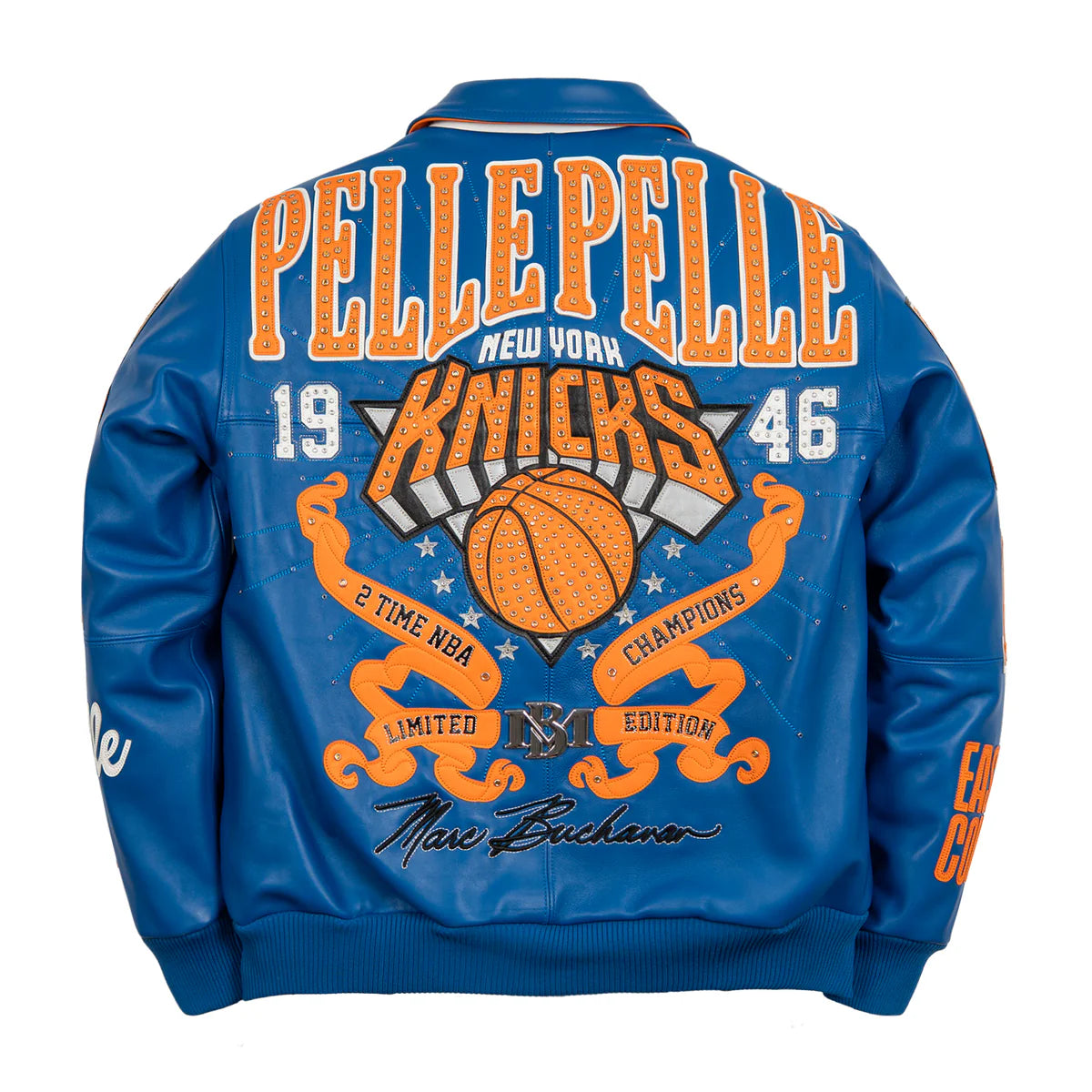 Back view of a vibrant blue Pelle Pelle leather jacket dedicated to the New York Knicks. The jacket features elaborate, crystal-encrusted embroidery including a massive "PELLE PELLE" arc, a central "KNICKS" basketball logo, and the year "1946." Orange banners read "2 Time NBA Champions" and "Limited Edition," with Marc Buchanan's signature embroidered at the bottom.