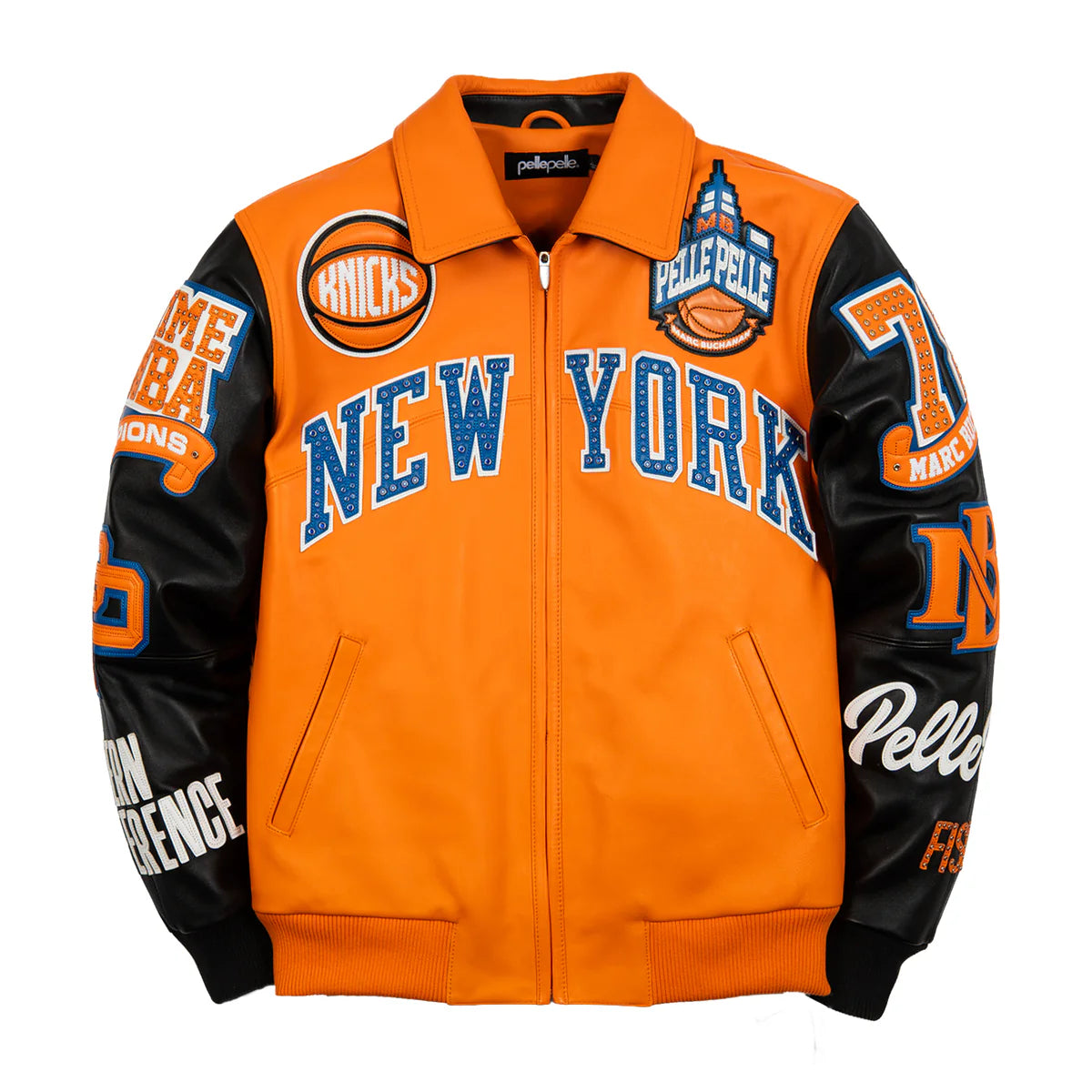 Front view of an orange Pelle Pelle "For The City" New York Knicks leather jacket with black leather sleeves. The chest features large blue "NEW YORK" block lettering encrusted with orange crystals. Detailed patches include a Knicks basketball on the right chest, a large "MB" Empire State Building emblem on the left chest, and various team-themed "NBA Champions" patches down both black sleeves.