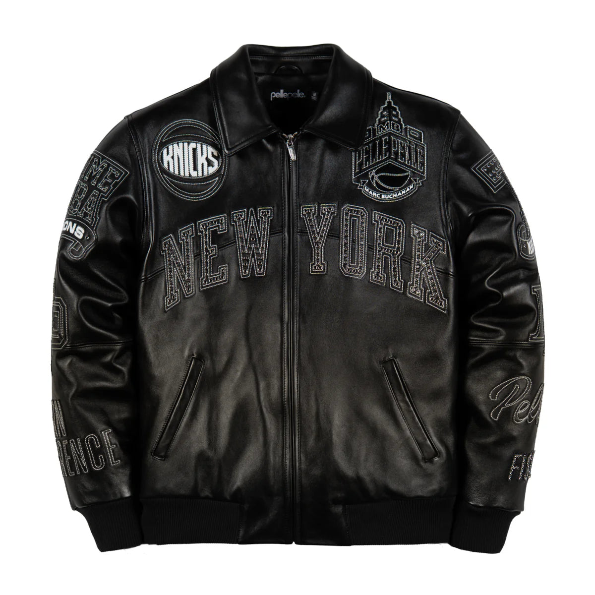 Front view of the all-black Pelle Pelle "For The City" New York Knicks leather jacket. The chest features large "NEW YORK" block lettering outlined with silver-toned crystals. Detailed monochrome patches include a Knicks basketball on the right chest, a large Empire State Building "MB" emblem on the left chest, and various team-themed patches down both sleeves, all rendered in black and silver-grey embroidery.