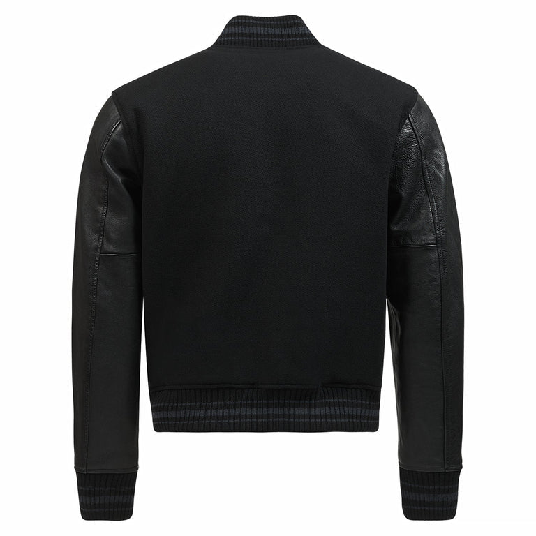 Full back view of the all-black Polo Ralph Lauren Iconic Letterman Jacket. The image displays the clean, solid black melton wool back panel, the grain of the genuine leather sleeves, and the consistent striped ribbing on the collar, cuffs, and hem.